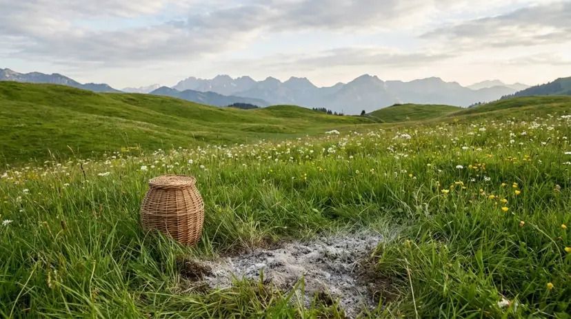 Blühende Almwiese vor Bergkette im Sonnenlicht